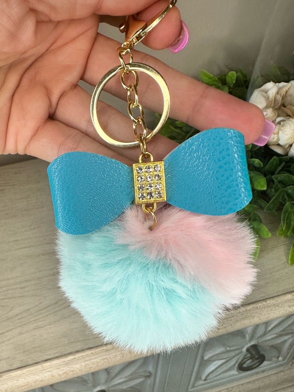 Blue Bow Pom-Pom Keychain with Pastel Fur Charm